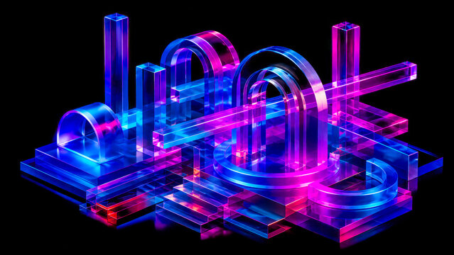 3D cyber glass architecture with neon blue magenta grid