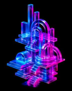 3D neon arch city with blue magenta transparent layers