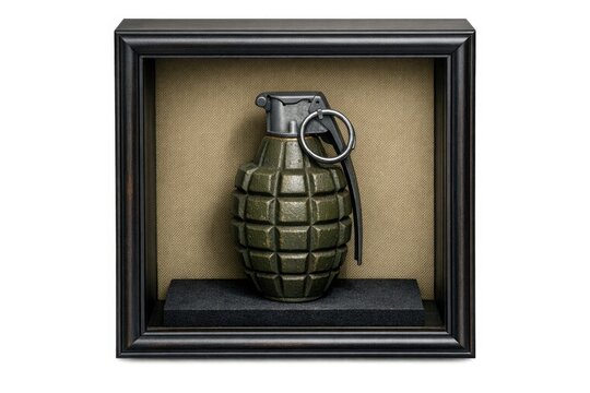 A hand grenade displayed in a darkened glass shadow box