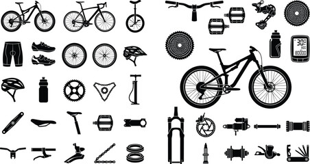 Bicycle types spare parts and cycling equipment black silhouette vector icon set isolated on white background © Durbogono