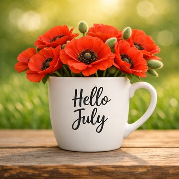 White mug with red poppy flowers and text &ldquo;Hello July&rdquo; on wooden table outdoors, summer greeting concept, seasonal floral composition. Typography, postcards, and calendars.