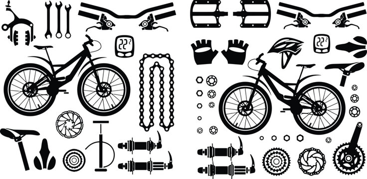 Mountain bicycle silhouettes set with spare parts components and maintenance tools vector icon collection