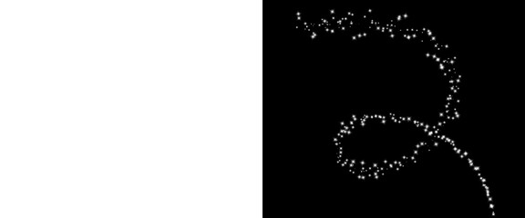 Obraz premium Sparkling white glitter trail on black background, glowing magic dust swirl, shimmering light particles in curved motion, elegant stardust overlay