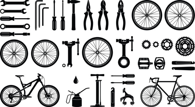Bicycle repair tools and spare parts black silhouette vector icon set isolated on white background