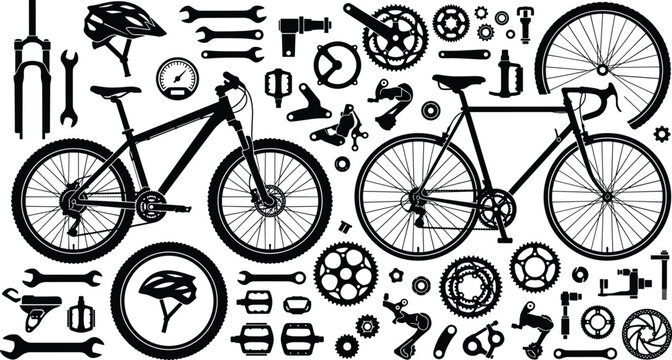 Mountain and road bicycle silhouettes set with spare parts and maintenance tools vector illustration