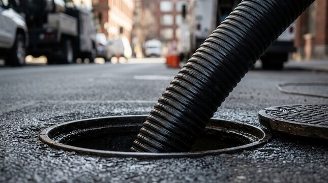 Trenchless technology showing a flexible hose being used for sewer pipe relining.
