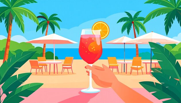 Tropical beach resort with cocktail and palm trees.
