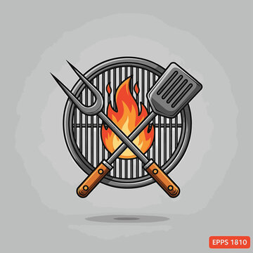 Barbecue grill icon featuring crossed metal spatula and meat fork over a burning orange fire flame. Modern graphic illustration of outdoor cooking equipment on a grey background.