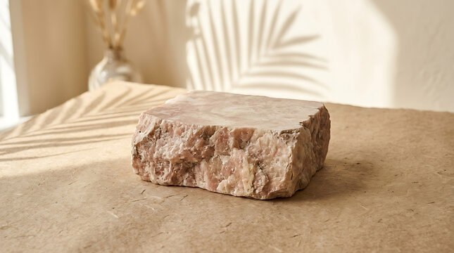 Natural stone block pedestal with palm leaf shadow for product display