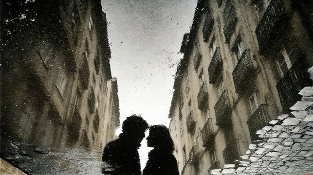 A unique reflection of a couple s silhouette is captured in a puddle on a cobblestone street, with tall city buildings mirrored above them.