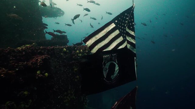 Flags Hanging 80 Feet Below Surface on Sunken Military Shipwreck