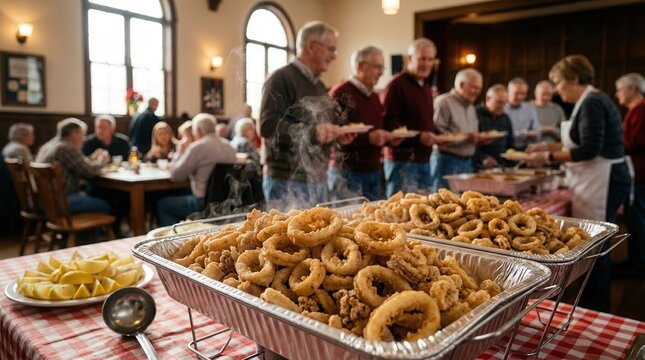 A warm social gathering features a community meal with delicious fried fish.