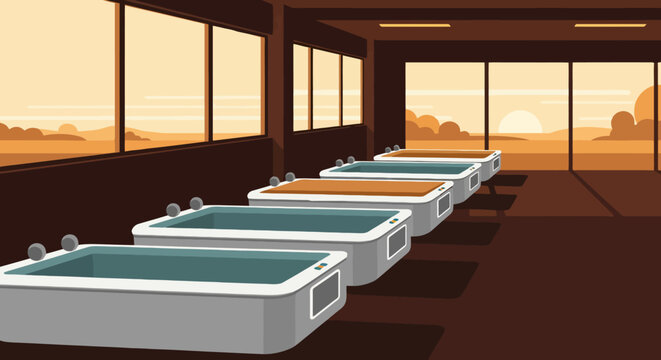 Row of modern white bathtubs with water in a spa setting.