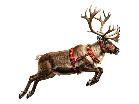Jumping Christmas Reindeer with Red Harness Isolated Cutout