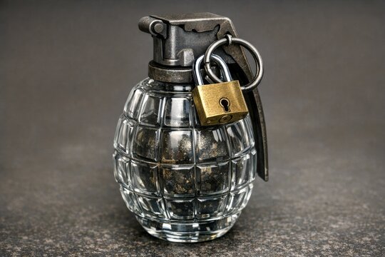 A military-style hand grenade with a padlock attached, suitable for action and adventure scenes