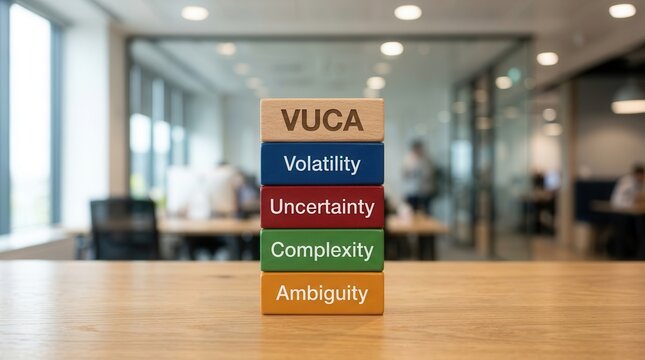 A stack of blocks labeled VUCA, Volatility, Uncertainty, Complexity, and Ambiguity symbolizing modern business challenges.