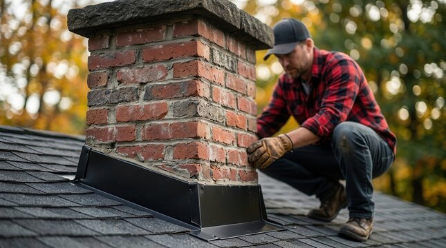 Skilled worker examining a brick chimney structure on a residential shingle roof.