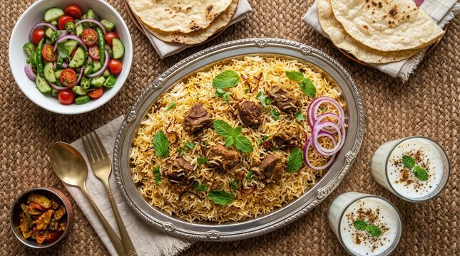 A delicious meal of Kacchi mutton biryani accompanied by side salad, Chui Pitha, and refreshing borhani.