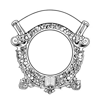 Vintage oval border frame overlay isolate on transparent background (png). Antique engraving art nouveau template with book, banner ribbon and monochrome line art ornament for bookplate mockup.