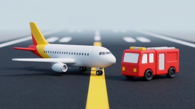 Emergency services and runway safety illustrated with an aircraft and a fire truck on an airfield.