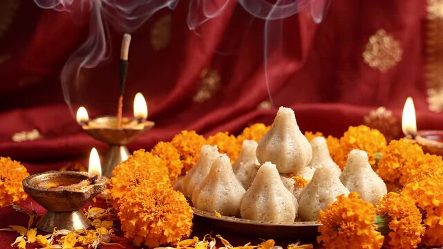 Ganesh Chaturthi wallpaper, sacred modak sweets arranged with marigold flowers and glowing diya lamps