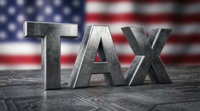 Metallic 3D text spelling TAX positioned over a circuit-like pattern with an American flag backdrop.