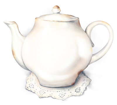 Delicate watercolor hand drawn illustration of white teapot, brown age spots, resting on a lace doily, soft shadow, isolated on white background. Clean simple light toned romantic cottage core object