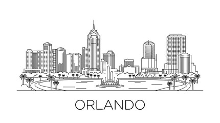 Fototapeta premium Orlando Florida Skyline Linear Illustration with City Buildings and Lake Eola Fountain