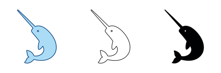 Three stylized narwhal illustrations in blue, outline, and black silhouette © Ophelia