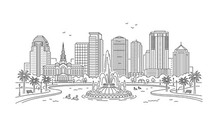 Fototapeta premium Orlando Florida city skyline line art illustration featuring Lake Eola park fountain and skyscrapers