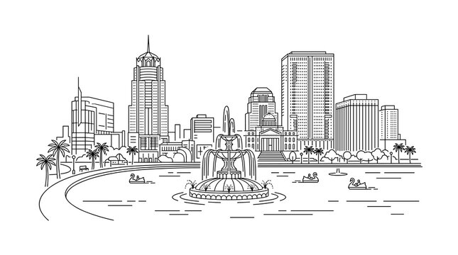 Minimalist line art of downtown Orlando Florida skyline at Lake Eola with iconic park fountain and swan boats