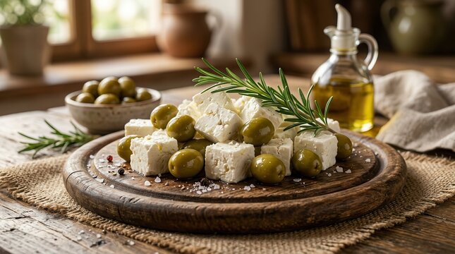 Delicious feta cheese cubes and olives garnished with rosemary on a rustic wooden platter.
