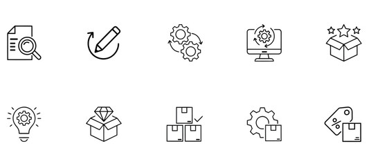 Fototapeta premium Professional business workflow and logistics line icons for project management and development.