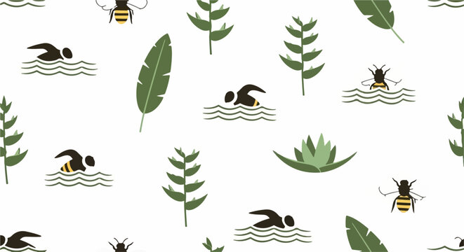 Swimming bee and leaf pattern illustration.