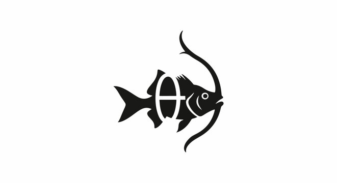 Black and white fish logo design with curved tail.