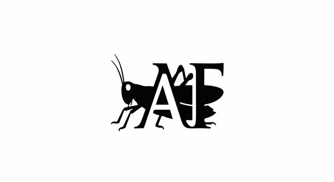 Black and white grasshopper logo design with letters.