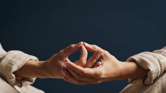Close up of hands in meditation mudra gesture against dark background.