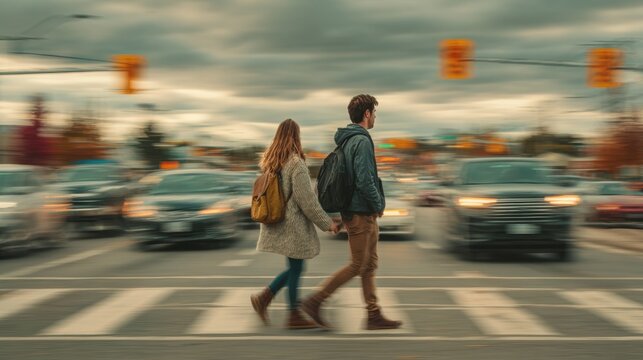 Urban commute and city life with a couple crossing a busy street. It shows a man and a woman walking across a crosswalk amidst blurred cars and traffic on a cloudy day.