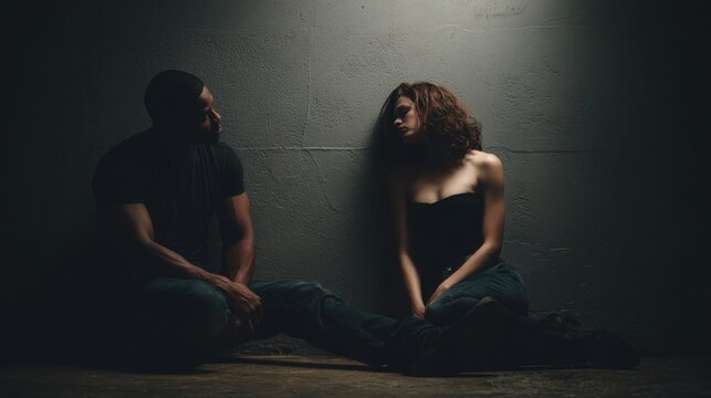 Relationship conflict and emotional distance. A man and a woman are sitting on the floor in a dimly lit room, facing away from each other, conveying a sense of sadness and unresolved issues.