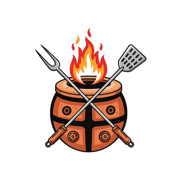 Vector illustration of a traditional clay tandoor oven with burning orange flames and crossed long-handled cooking utensils including a meat fork and spatula, isolated on white.