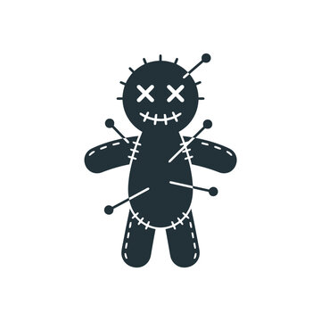 A dark voodoo doll icon with pins on white background