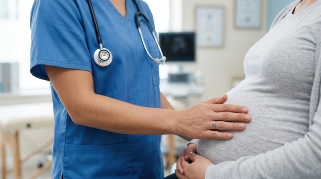 Close-up of a doctor in scrubs focusing on prenatal care, education, and maternity support.