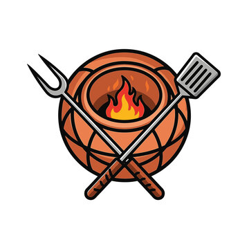 Traditional clay tandoor oven illustration with burning fire inside, featuring crossed stainless steel cooking tools, a meat fork and spatula, isolated on a plain white background.