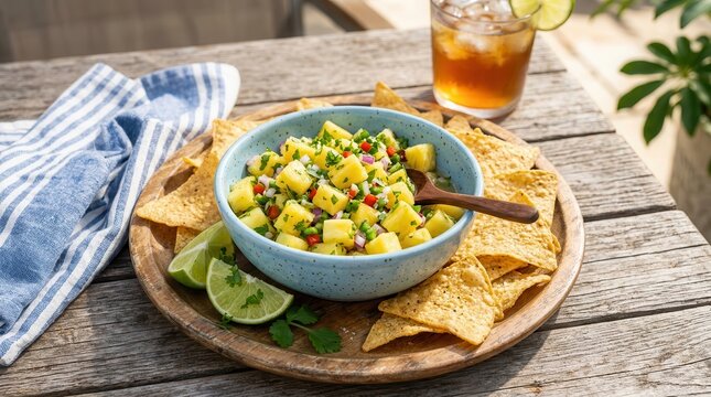 Delicious pineapple salsa with cilantro and jalapeno alongside corn chips and fresh lime slices.