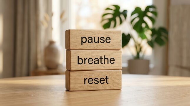 A simple reminder for wellness featuring wooden blocks with pause breathe reset text.