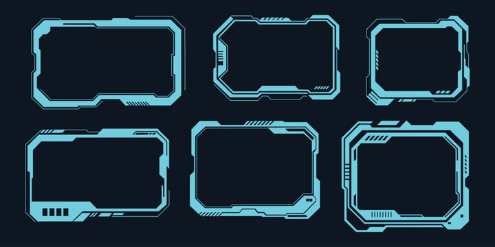 HUD futuristic cyberpunk frame and ui border set. Vector illustration of realistic neon sci-fi technology flat token, colorful digital gaming screen panel alert template on dark background.