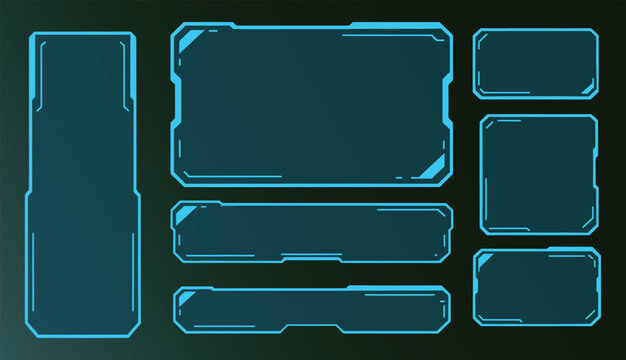 Sci-fi hud futuristic frame and cyberpunk ui box set. Vector illustration of realistic neon technology dashboard flat token, colorful digital gaming screen layout template on dark background.
