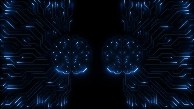Blue Neon Brain Network Animation with Artificial Intelligence Visualization and Digital Neural Connection on Black Background 4k animation video