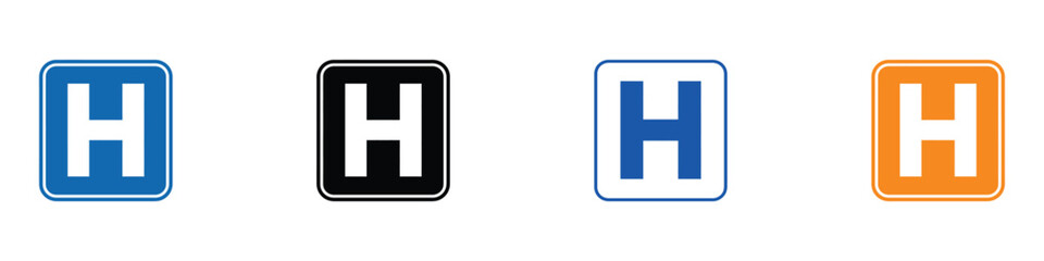 Hospital road sign and square medical symbol icon set. Vector illustration of realistic rounded emergency location flat token, colorful city navigation clinic alert template on white background. © VisionaryFrames