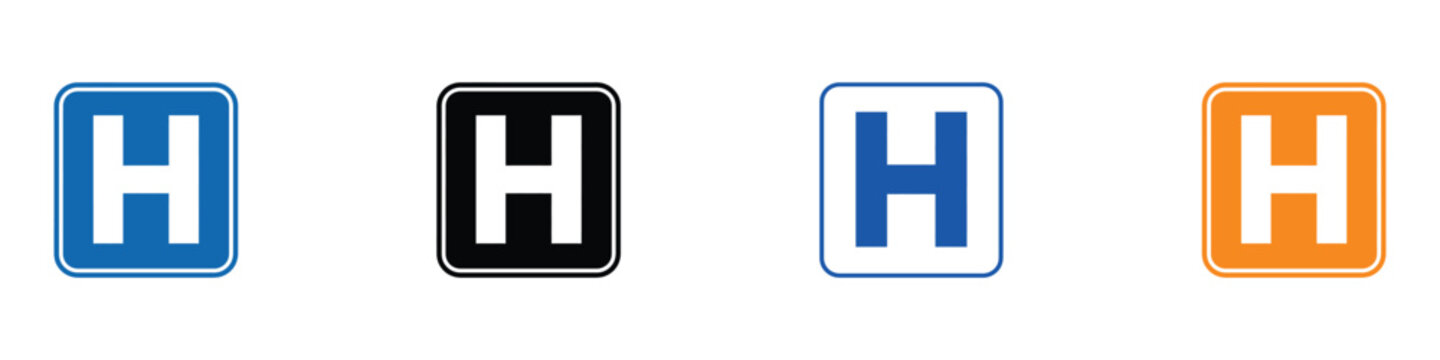 Hospital road sign and square medical symbol icon set. Vector illustration of realistic rounded emergency location flat token, colorful city navigation clinic alert template on white background.